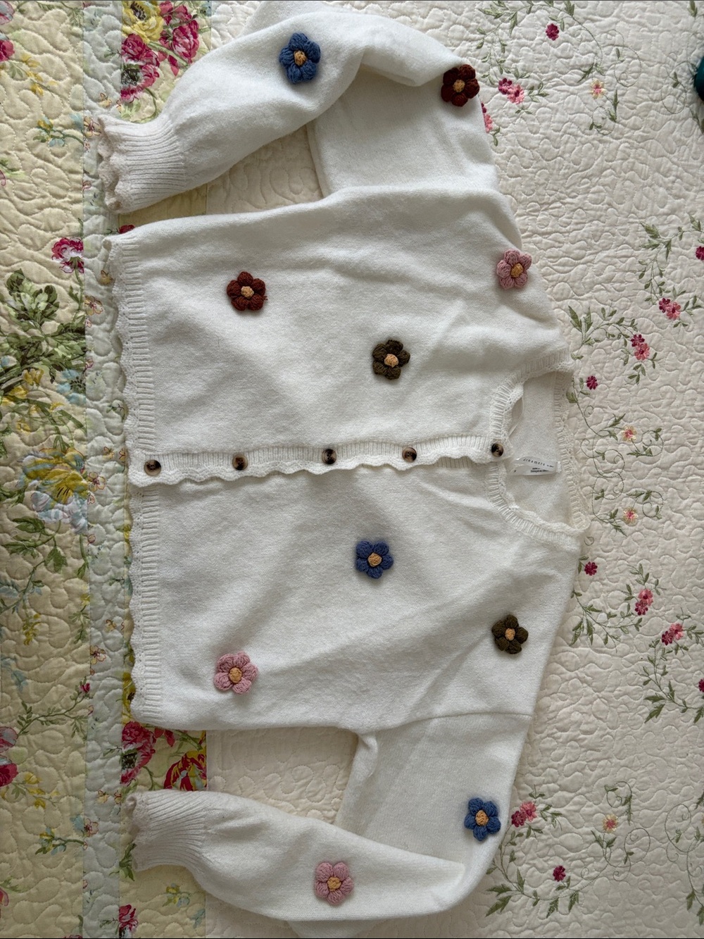 Dreamers White Cardigan with Multicolor Floral Appliqués